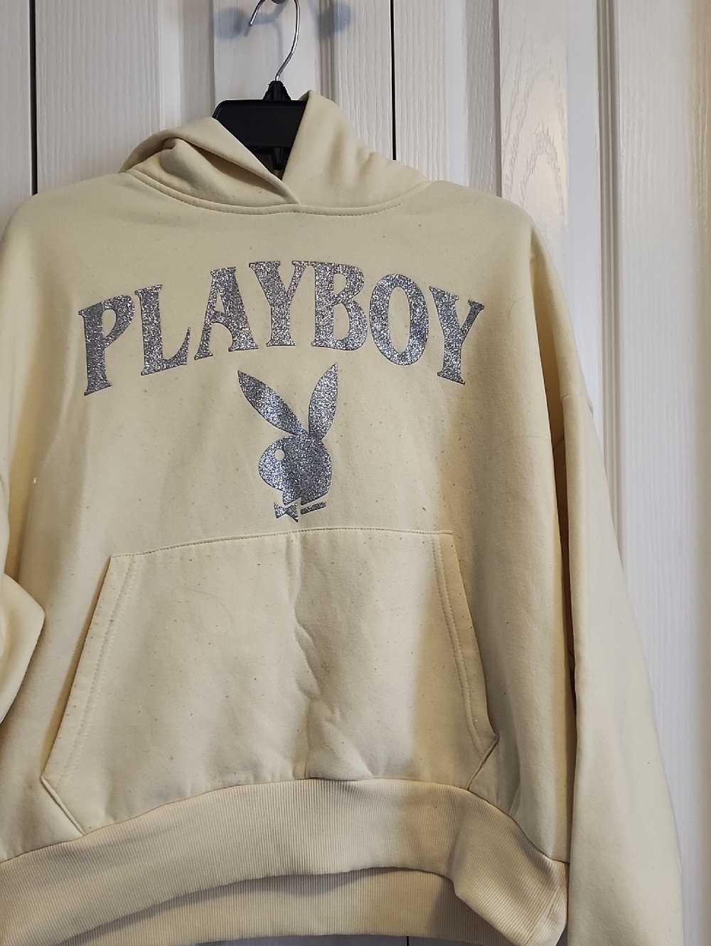 PLAYBOY Cream Hoodie with Silver Glitter Logo
